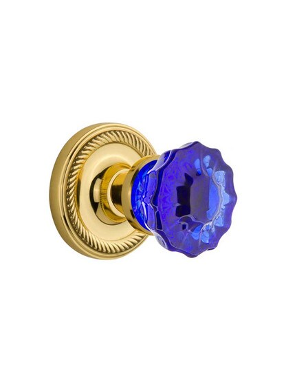Rope Rosette Door Set with Colored Fluted Crystal Glass Knobs Cobalt Blue in Polished Brass.